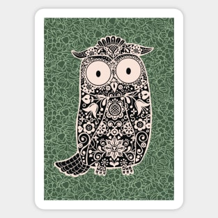 Black and White Folk Art Owl on Green Floral Background - Sticker